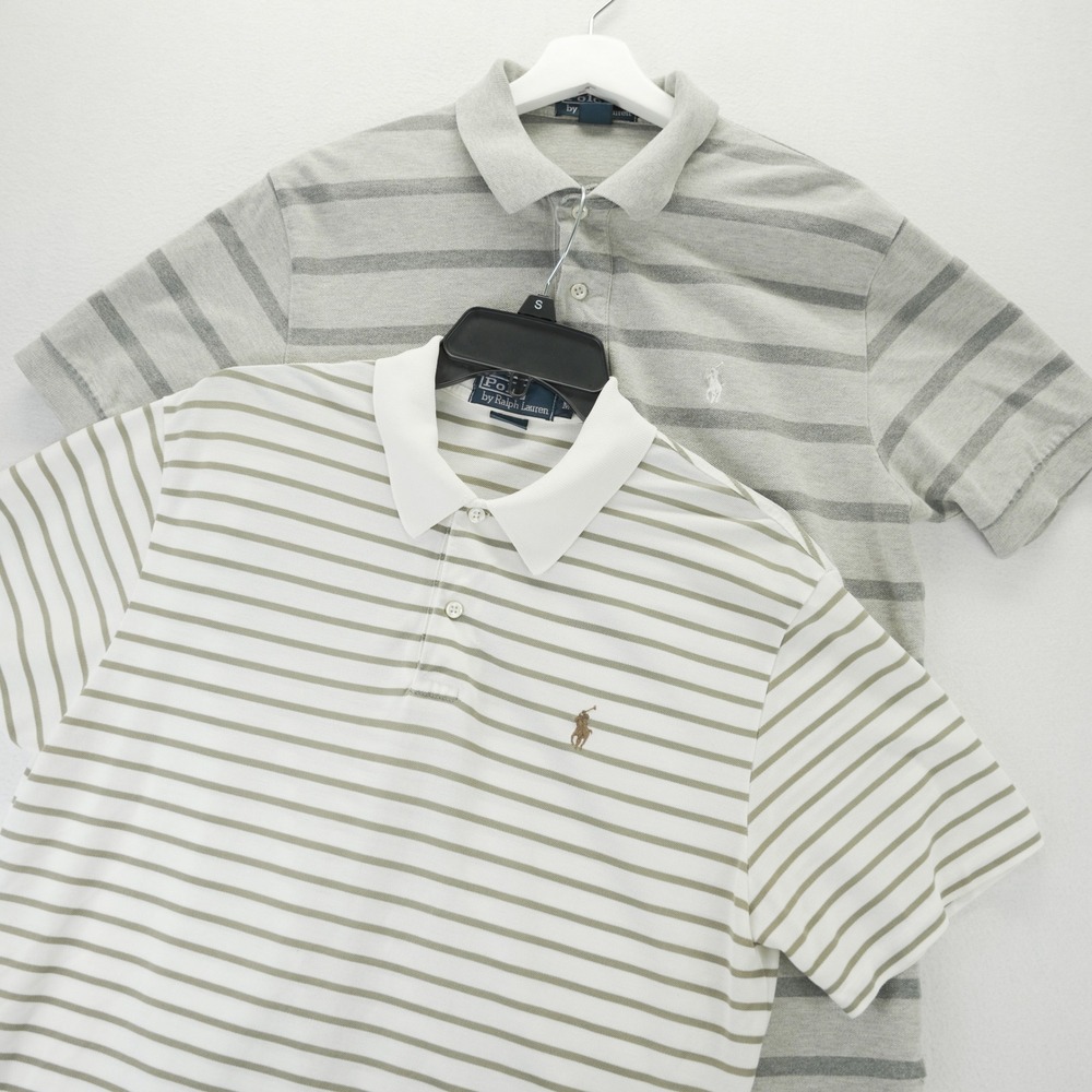 Polo Ralph Lauren Mens Striped Polo Shirts Lot of 2 Grey Olive Green Medium M